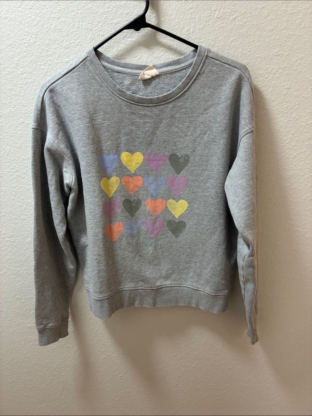Pact Gray Crewneck Sweater with Multicolor Heart Grid